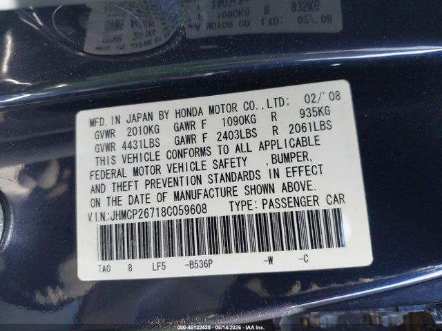 Продаж на аукціоні авто 2008 Honda Accord 2.4 Ex, vin: JHMCP26718C059608, номер лоту: 45132430