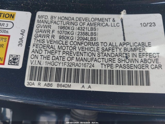 Aukcja sprzedaży 2024 Honda Accord Ex, vin: 1HGCY1F32RA016724, numer aukcji: 45132429