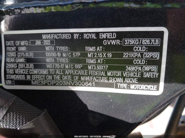 2022 Royal Enfield Motors Meteor 350 მანქანა იყიდება აუქციონზე, vin: ME3FDP203NV300641, აუქციონის ნომერი: 45132433