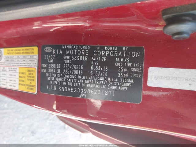 45132439 :رقم المزاد ، KNDMB233986231811 vin ، 2008 Kia Sedona Lx مزاد بيع