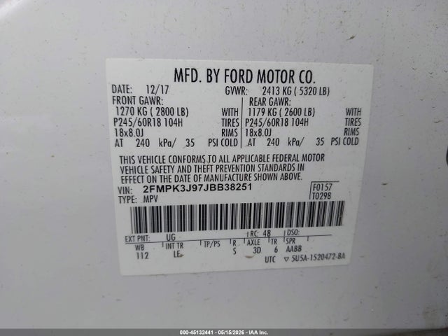 Продаж на аукціоні авто 2018 Ford Edge Sel, vin: 2FMPK3J97JBB38251, номер лоту: 45132441