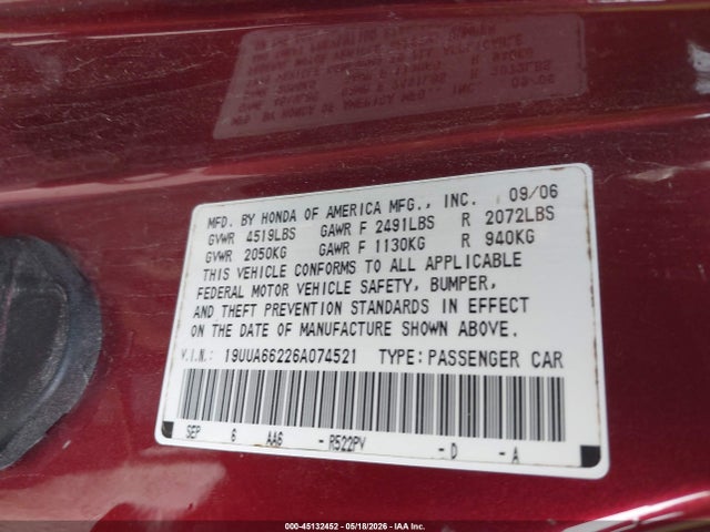 Aukcja sprzedaży 2006 Acura Tl, vin: 19UUA66226A074521, numer aukcji: 45132452