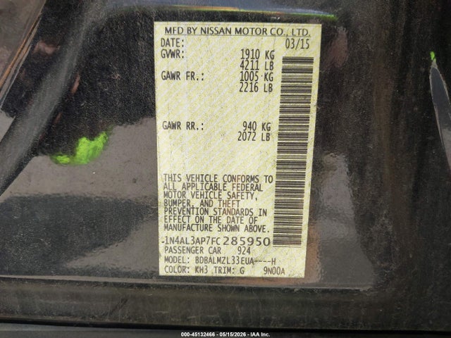 2015 Nissan Altima 2.5 Sv მანქანა იყიდება აუქციონზე, vin: 1N4AL3AP7FC285950, აუქციონის ნომერი: 45132466