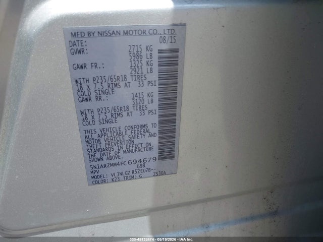 Продаж на аукціоні авто 2015 Nissan Pathfinder Sl, vin: 5N1AR2MM4FC694679, номер лоту: 45132474