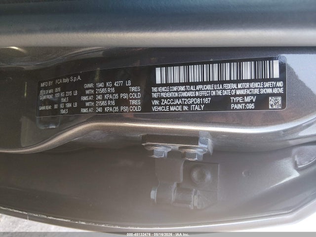 2016 Jeep Renegade Sport მანქანა იყიდება აუქციონზე, vin: ZACCJAAT2GPD81167, აუქციონის ნომერი: 45132476