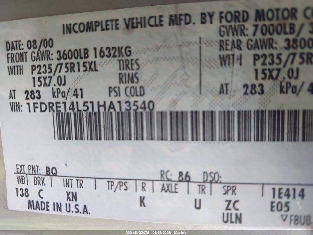 Продажа на аукционе авто 2001 Ford E-150 Recreational, vin: 1FDRE14L51HA13540, номер лота: 45132478