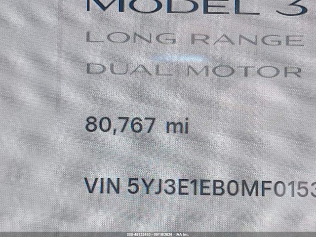 Aukcja sprzedaży 2021 Tesla Model 3 Long Range, vin: 5YJ3E1EB0MF015393, numer aukcji: 45132480