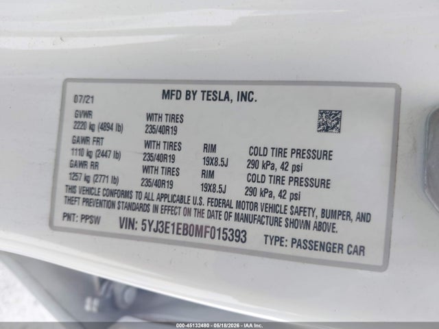 Aukcja sprzedaży 2021 Tesla Model 3 Long Range, vin: 5YJ3E1EB0MF015393, numer aukcji: 45132480