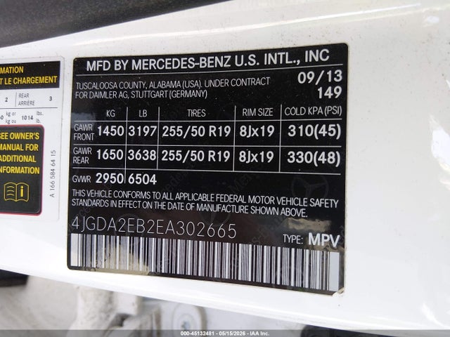 45132481 :رقم المزاد ، 4JGDA2EB2EA302665 vin ، 2014 Mercedes-benz Ml 350 Bluetec 4matic مزاد بيع
