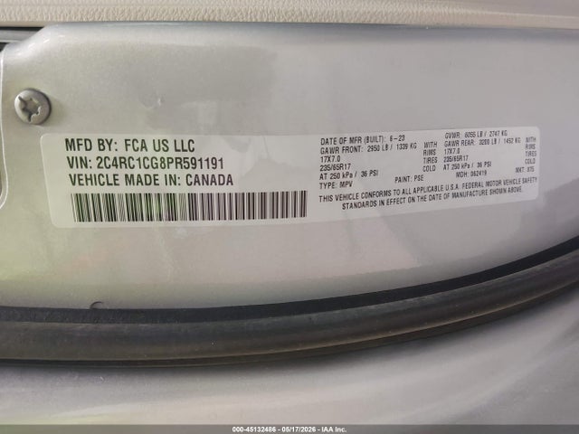 45132486 :رقم المزاد ، 2C4RC1CG8PR591191 vin ، 2023 Chrysler Voyager Lx مزاد بيع