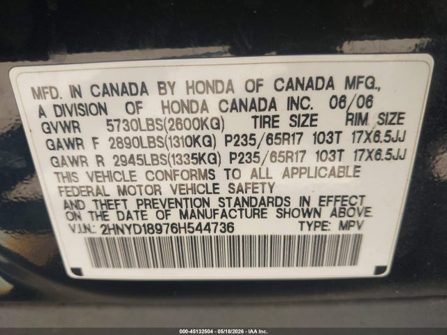Продаж на аукціоні авто 2006 Acura Mdx, vin: 2HNYD18976H544736, номер лоту: 45132504