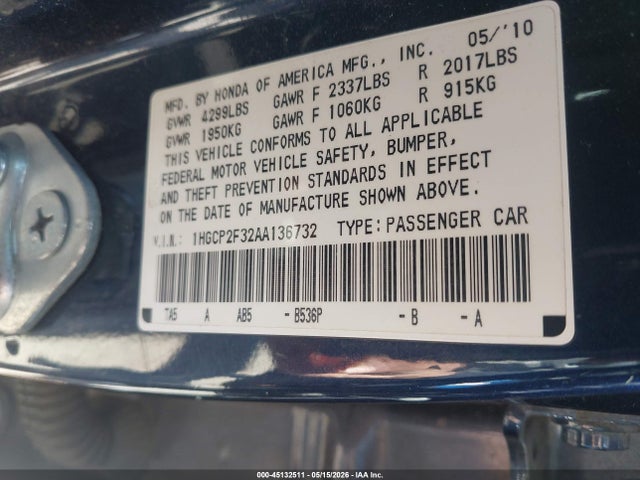 Aukcja sprzedaży 2010 Honda Accord 2.4 Lx, vin: 1HGCP2F32AA136732, numer aukcji: 45132511