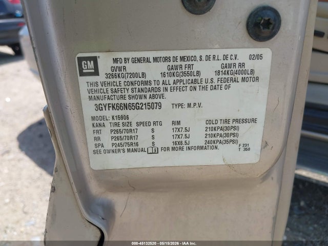 2005 Cadillac Escalade Esv მანქანა იყიდება აუქციონზე, vin: 3GYFK66N65G215079, აუქციონის ნომერი: 45132520