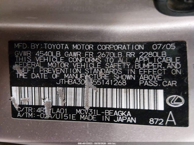 2005 Lexus Es 330 მანქანა იყიდება აუქციონზე, vin: JTHBA30G355141268, აუქციონის ნომერი: 45132523