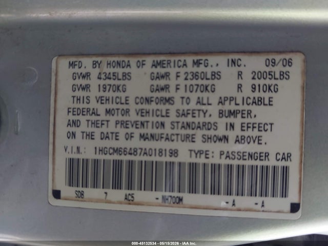 Aukcja sprzedaży 2007 Honda Accord 3.0 Se, vin: 1HGCM66487A018198, numer aukcji: 45132534
