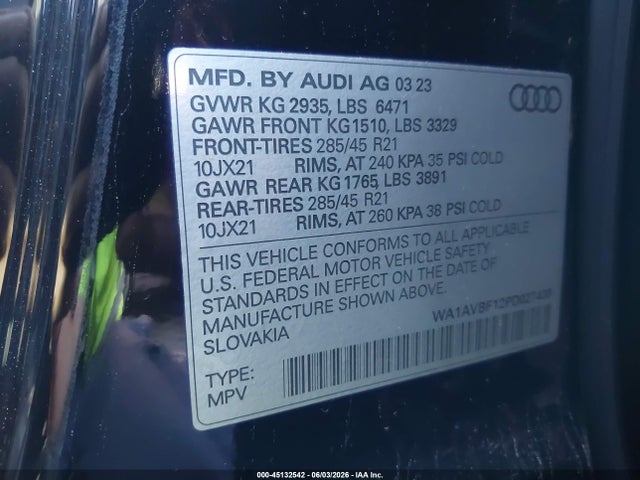 2023 Audi Q8 Premium 55 Tfsi Quattro Tiptronic მანქანა იყიდება აუქციონზე, vin: WA1AVBF12PD027439, აუქციონის ნომერი: 45132542