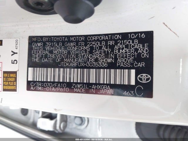 JTDKARFUXH3035336 Toyota Prius Three