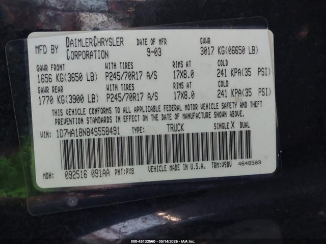 45132560 :رقم المزاد ، 1D7HA18N84S558491 vin ، 2004 Dodge Ram 1500 Slt/laramie مزاد بيع