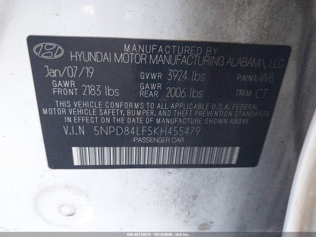 Продажа на аукционе авто 2019 Hyundai Elantra Sel, vin: 5NPD84LF5KH455479, номер лота: 45132570