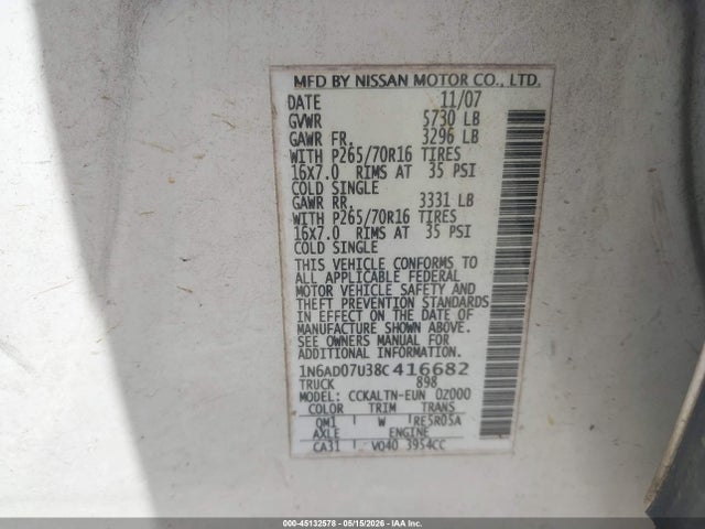 Продаж на аукціоні авто 2008 Nissan Frontier Se, vin: 1N6AD07U38C416682, номер лоту: 45132578