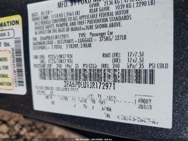 45132581 :رقم المزاد ، 3FA6P0LU1JR172971 vin ، 2018 Ford Fusion Hybrid Se مزاد بيع