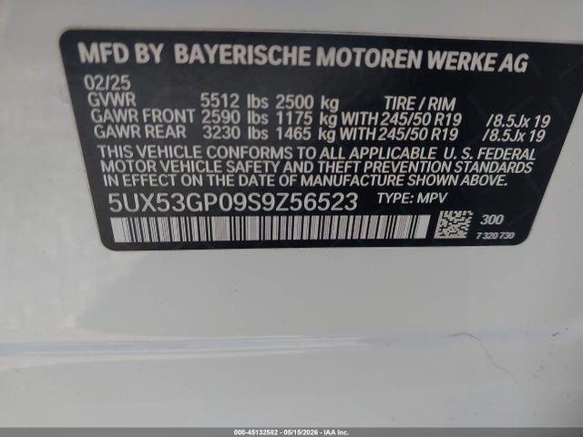 2025 Bmw X3 30 Xdrive მანქანა იყიდება აუქციონზე, vin: 5UX53GP09S9Z56523, აუქციონის ნომერი: 45132582
