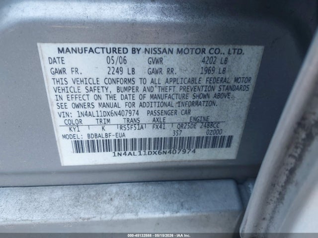 Продаж на аукціоні авто 2006 Nissan Altima 2.5 S, vin: 1N4AL11DX6N407974, номер лоту: 45132588