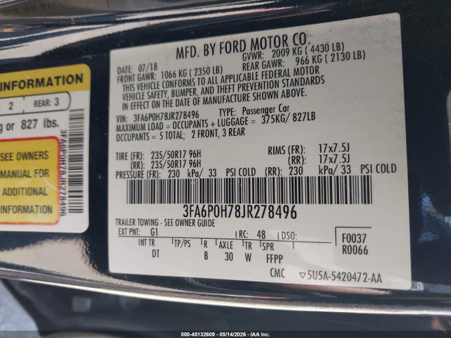 Aukcja sprzedaży 2018 Ford Fusion Se, vin: 3FA6P0H78JR278496, numer aukcji: 45132609