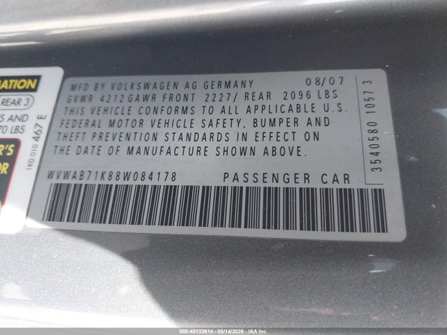 Aukcja sprzedaży 2008 Volkswagen Rabbit S, vin: WVWAB71K88W084178, numer aukcji: 45132614