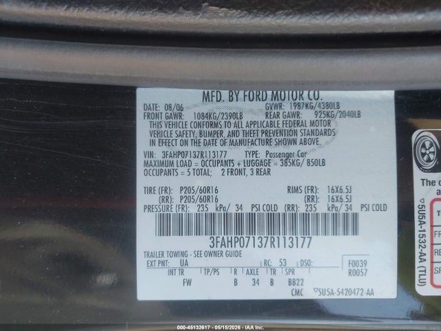 Aukcja sprzedaży 2007 Ford Fusion Se, vin: 3FAHP07137R113177, numer aukcji: 45132617