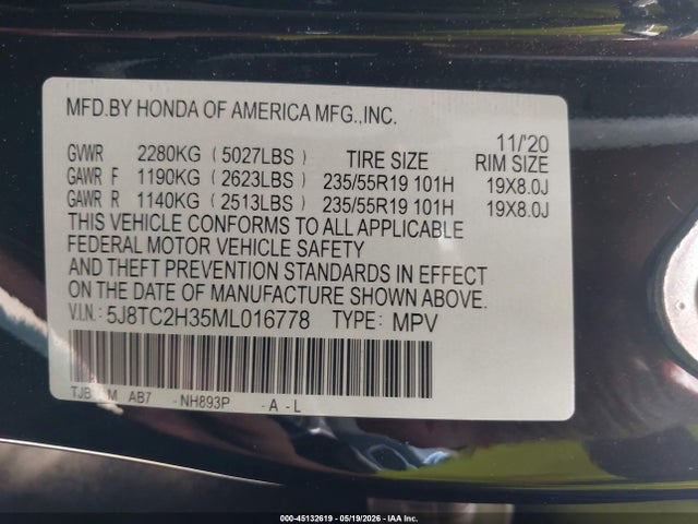 45132619 :رقم المزاد ، 5J8TC2H35ML016778 vin ، 2021 Acura Rdx Standard مزاد بيع