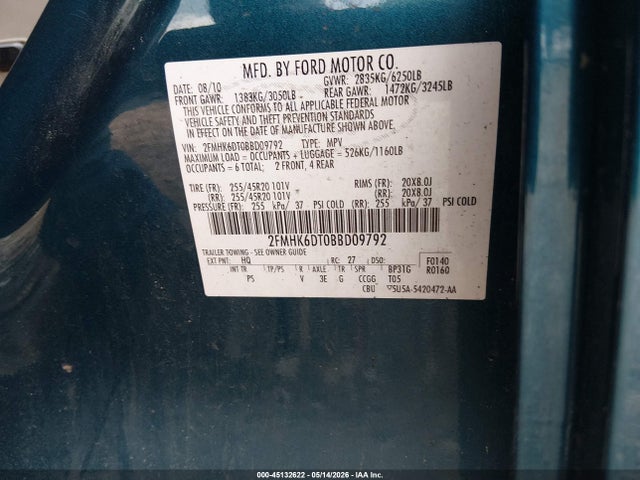 45132622 :رقم المزاد ، 2FMHK6DT0BBD09792 vin ، 2011 Ford Flex Limited مزاد بيع