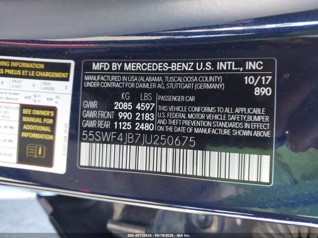 Aukcja sprzedaży 2018 Mercedes-benz C 300, vin: 55SWF4JB7JU250675, numer aukcji: 45132634