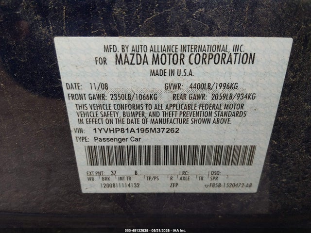 Aukcja sprzedaży 2009 Mazda Mazda6 I Sport, vin: 1YVHP81A195M37262, numer aukcji: 45132635