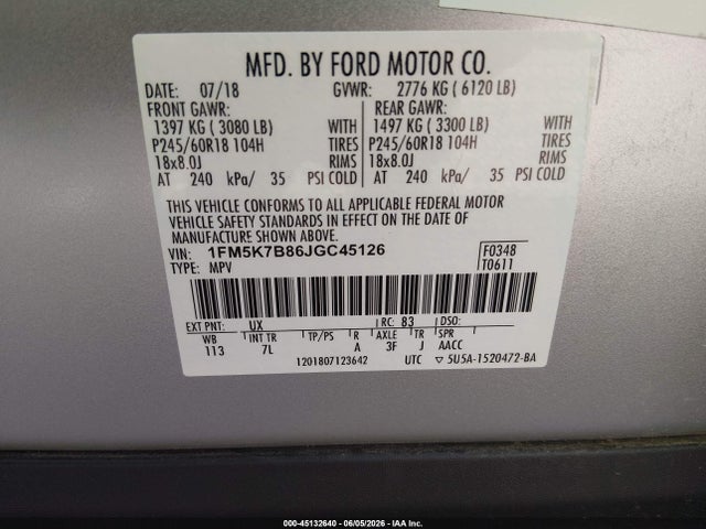 Aukcja sprzedaży 2018 Ford Explorer, vin: 1FM5K7B86JGC45126, numer aukcji: 45132640