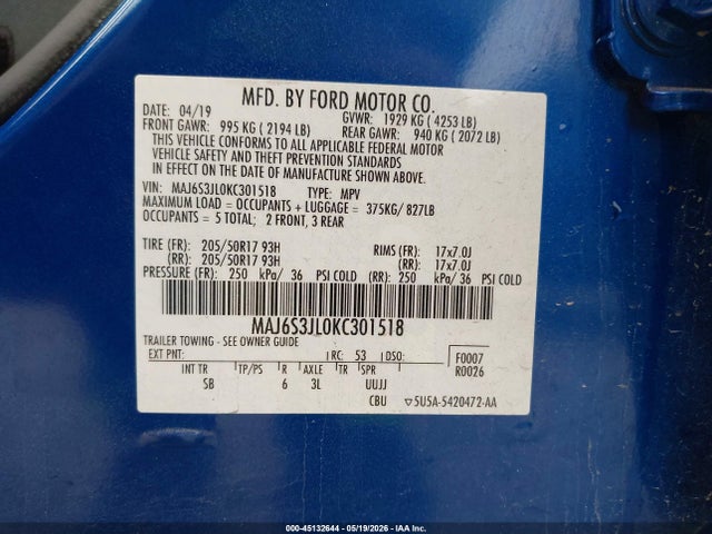 Aukcja sprzedaży 2019 Ford Ecosport Ses, vin: MAJ6S3JL0KC301518, numer aukcji: 45132644