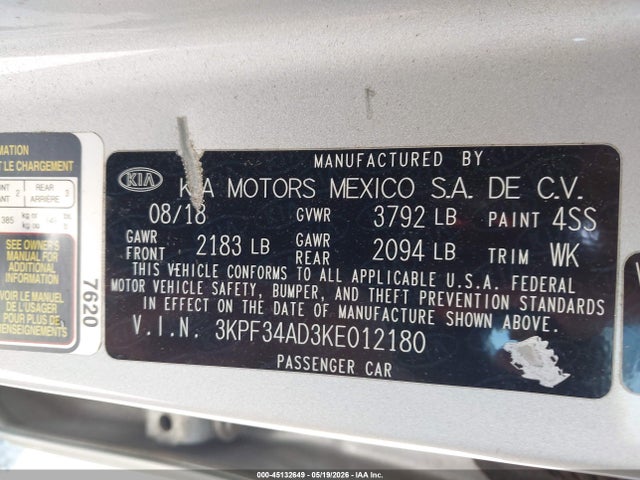 Продажа на аукционе авто 2019 Kia Forte S, vin: 3KPF34AD3KE012180, номер лота: 45132649