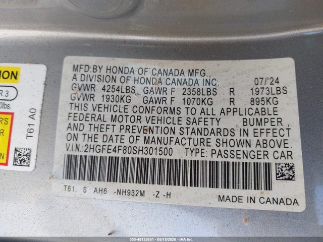 Honda CIVIC HYBRID 2025 2HGFE4F80SH301500 Image 9
