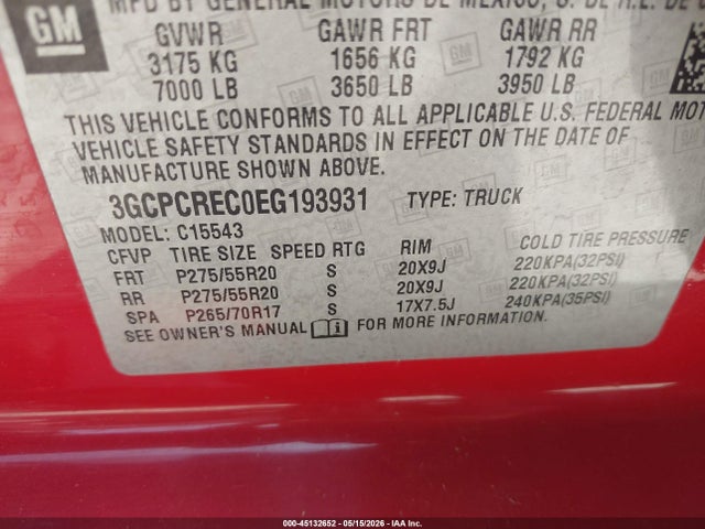 3GCPCREC0EG193931 Chevrolet Silverado 1500 1lt