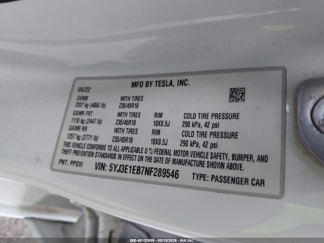 Aukcja sprzedaży 2022 Tesla Model 3 Long Range Dual Motor All-wheel Drive, vin: 5YJ3E1EB7NF289546, numer aukcji: 45132659