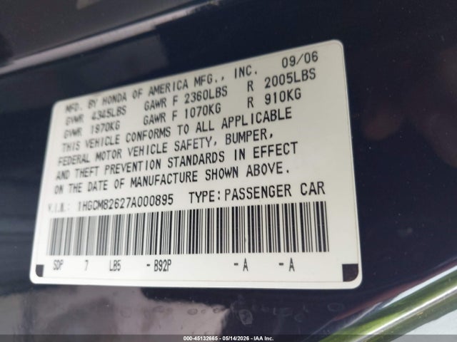 2007 Honda Accord 3.0 Ex მანქანა იყიდება აუქციონზე, vin: 1HGCM82627A000895, აუქციონის ნომერი: 45132665