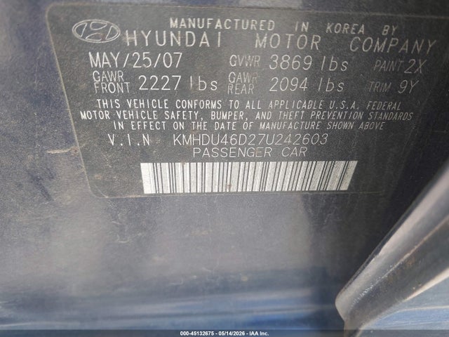 45132675 :رقم المزاد ، KMHDU46D27U242603 vin ، 2007 Hyundai Elantra Gls/limited/se مزاد بيع
