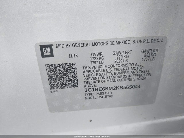 Aukcja sprzedaży 2019 Chevrolet Cruze Lt, vin: 3G1BE6SM2KS565044, numer aukcji: 45132701
