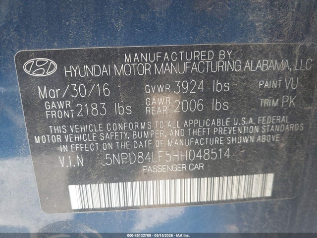 45132709 :رقم المزاد ، 5NPD84LF5HH048514 vin ، 2017 Hyundai Elantra Se مزاد بيع