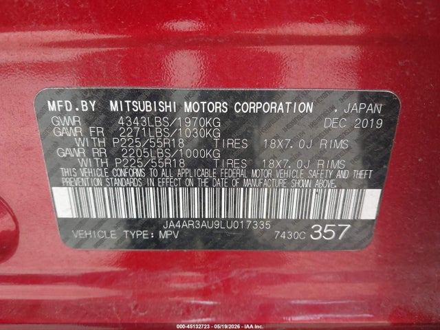 JA4AR3AU9LU017335 Mitsubishi Outlander Sport 2.0 Be Awc/2.0 Es Awc/2.0 Se Awc/2.0 Sp Awc