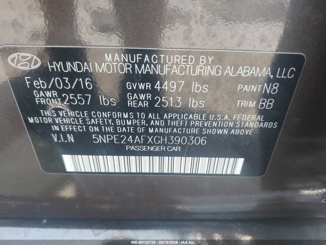 Aukcja sprzedaży 2016 Hyundai Sonata Se, vin: 5NPE24AFXGH390306, numer aukcji: 45132728