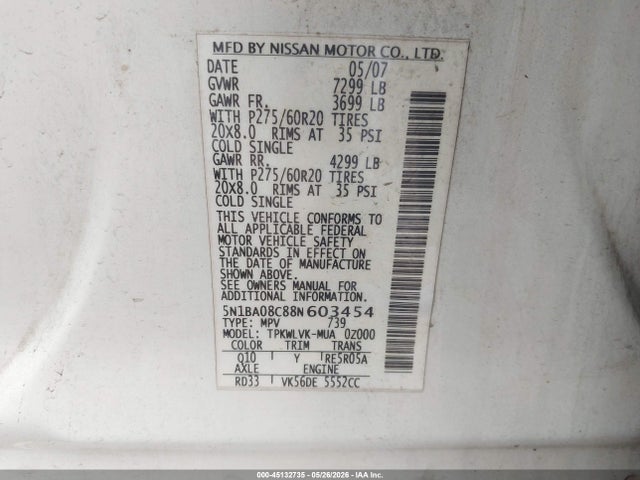 Aukcja sprzedaży 2008 Nissan Armada Le, vin: 5N1BA08C88N603454, numer aukcji: 45132735
