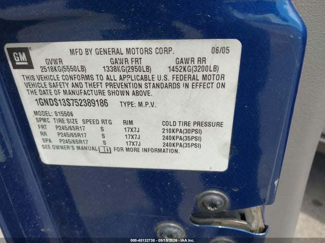 45132738 :رقم المزاد ، 1GNDS13S752389186 vin ، 2005 Chevrolet Trailblazer Ls مزاد بيع