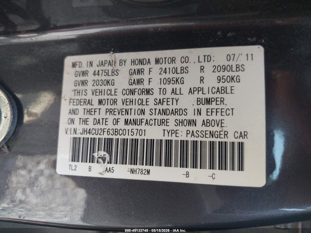 Aukcja sprzedaży 2011 Acura Tsx 2.4, vin: JH4CU2F63BC015701, numer aukcji: 45132740