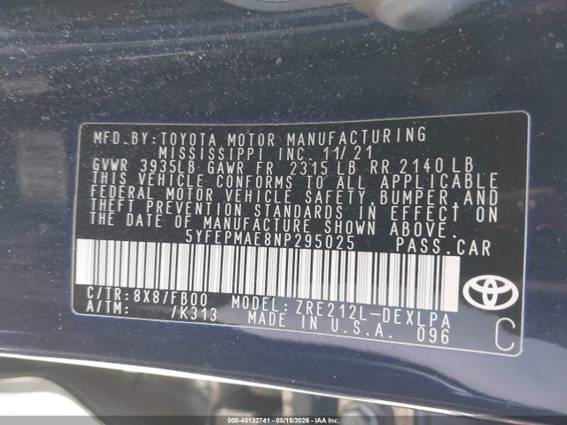 Aukcja sprzedaży 2022 Toyota Corolla Le, vin: 5YFEPMAE8NP295025, numer aukcji: 45132741